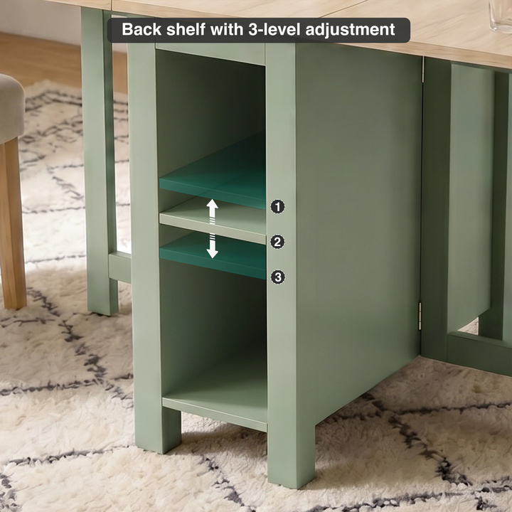 [Green] Stovra Drop Leaf Dining Table back shelf detail showing 3-level height adjustment positions with arrows