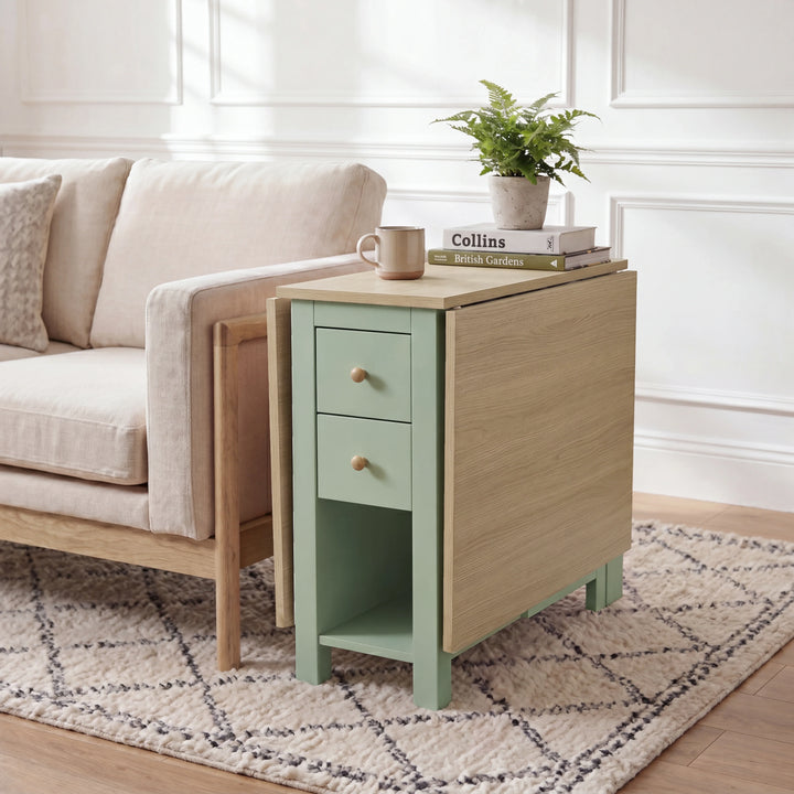 [Green] Stovra Drop Leaf Dining Table used as a side table beside a sofa with one leaf extended and plant on top