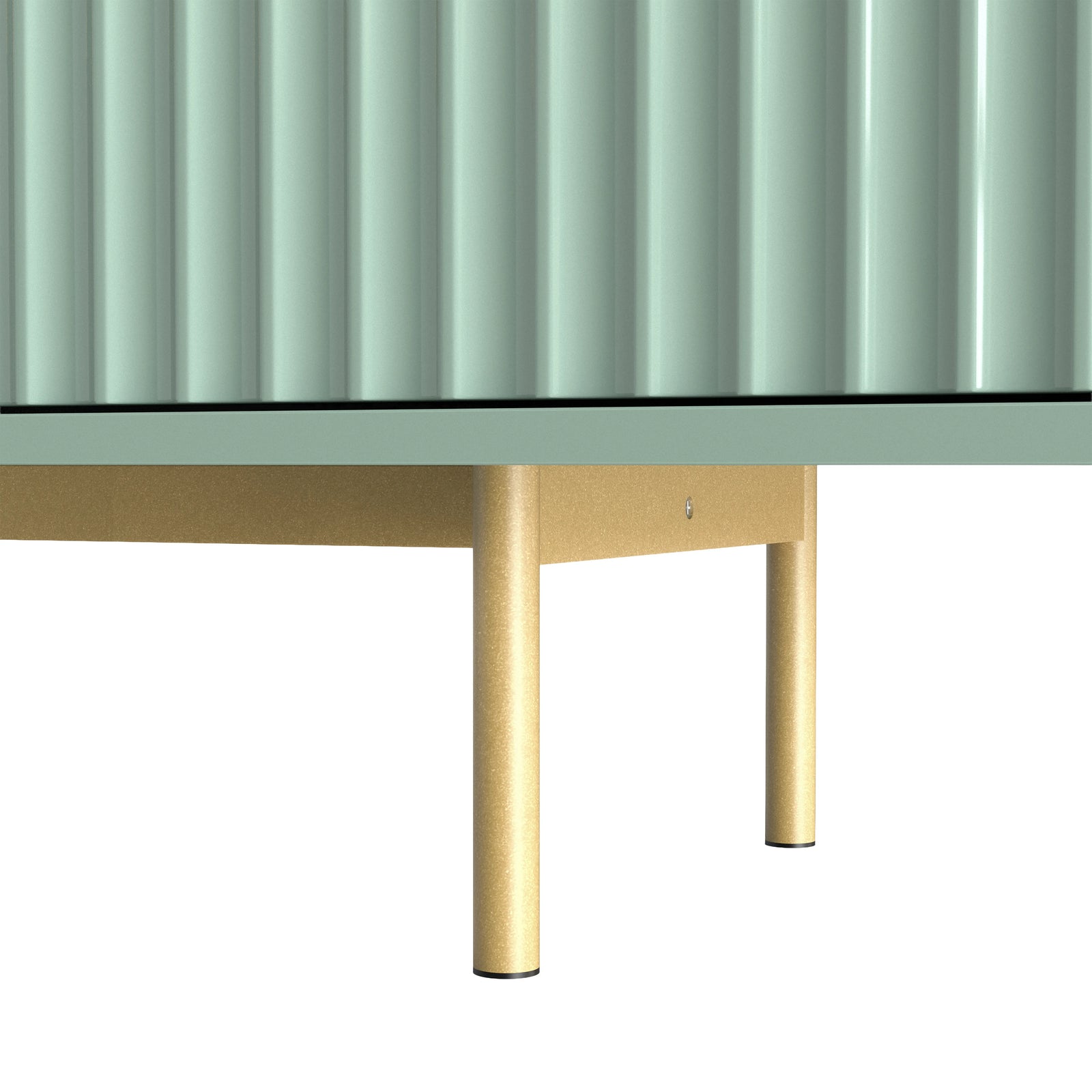 [Sage Green]  Close-up of sage green Flutrina TV unit base, ribbed door bottom and slim gold cylindrical metal leg
