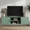 Modern green TV stand featuring vertical fluted doors and silver legs for a soft, contemporary living room accent.