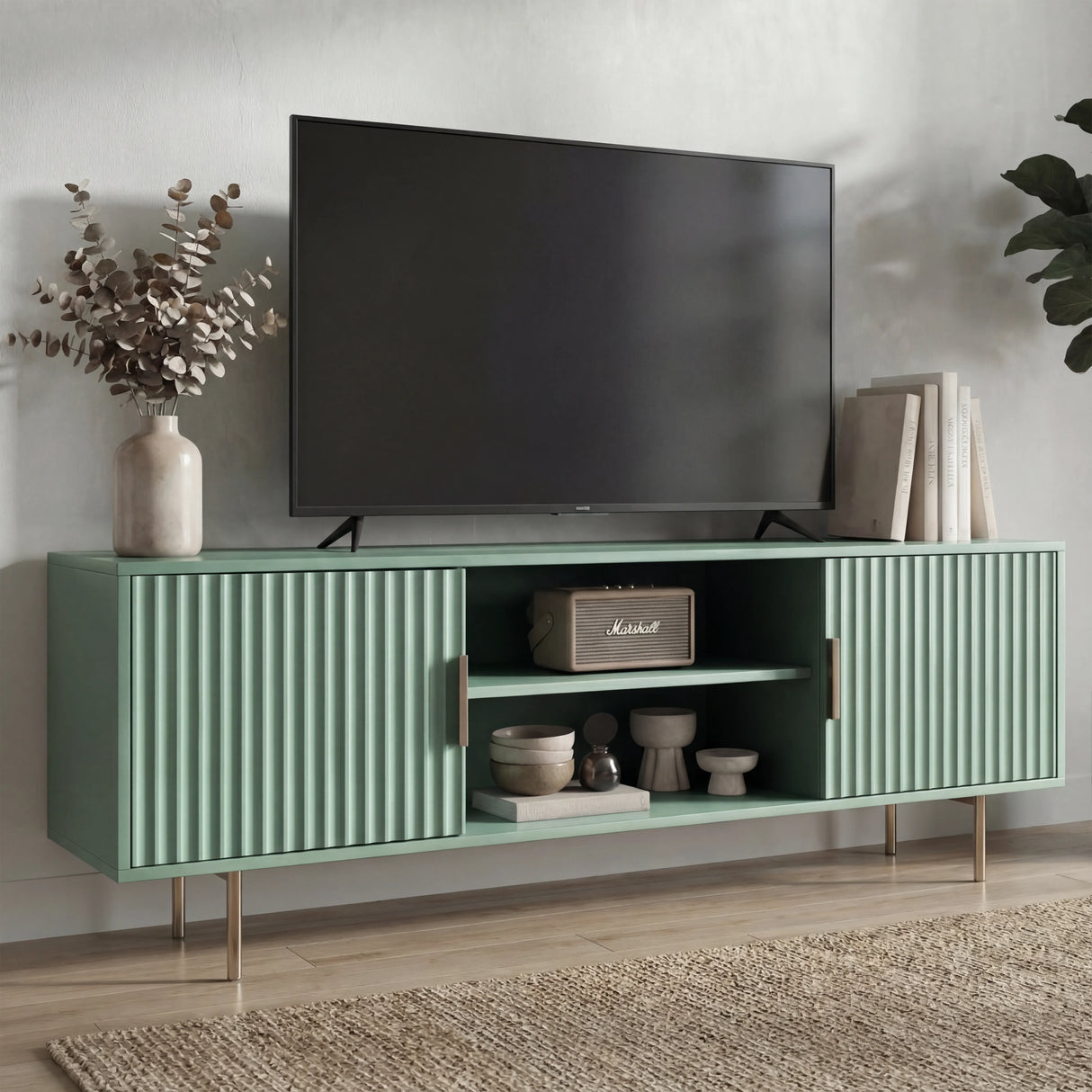 Green TV storage unit with vertical fluted doors and open shelves, ideal for modern media and decor organization.