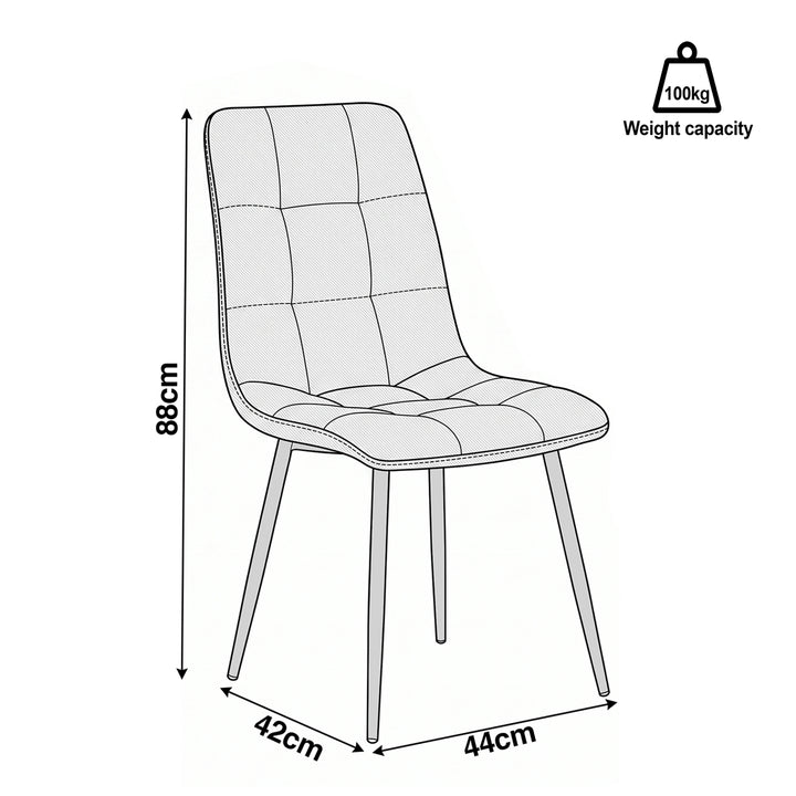 [Green] Dining chair dimension diagram showing 44 cm width, 42 cm depth, 88 cm height and 100 kg capacity.