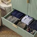 Green wardrobe drawer interior layout with clothing storage organisation and golden finish metallic handle