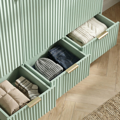 [Sage Green]  wardrobe drawer storage extended to reveal the internal layout for clothing