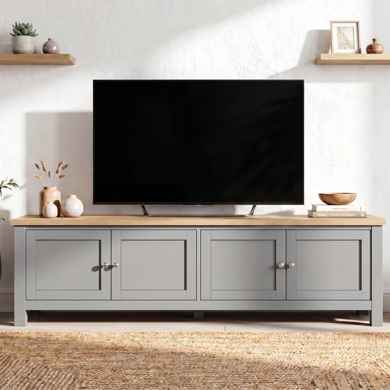 [Grey] 180cm Shaker TV Unit with Storage front view showing four shaker doors with brushed nickel knobs, oak top and floating shelves on white wall behind