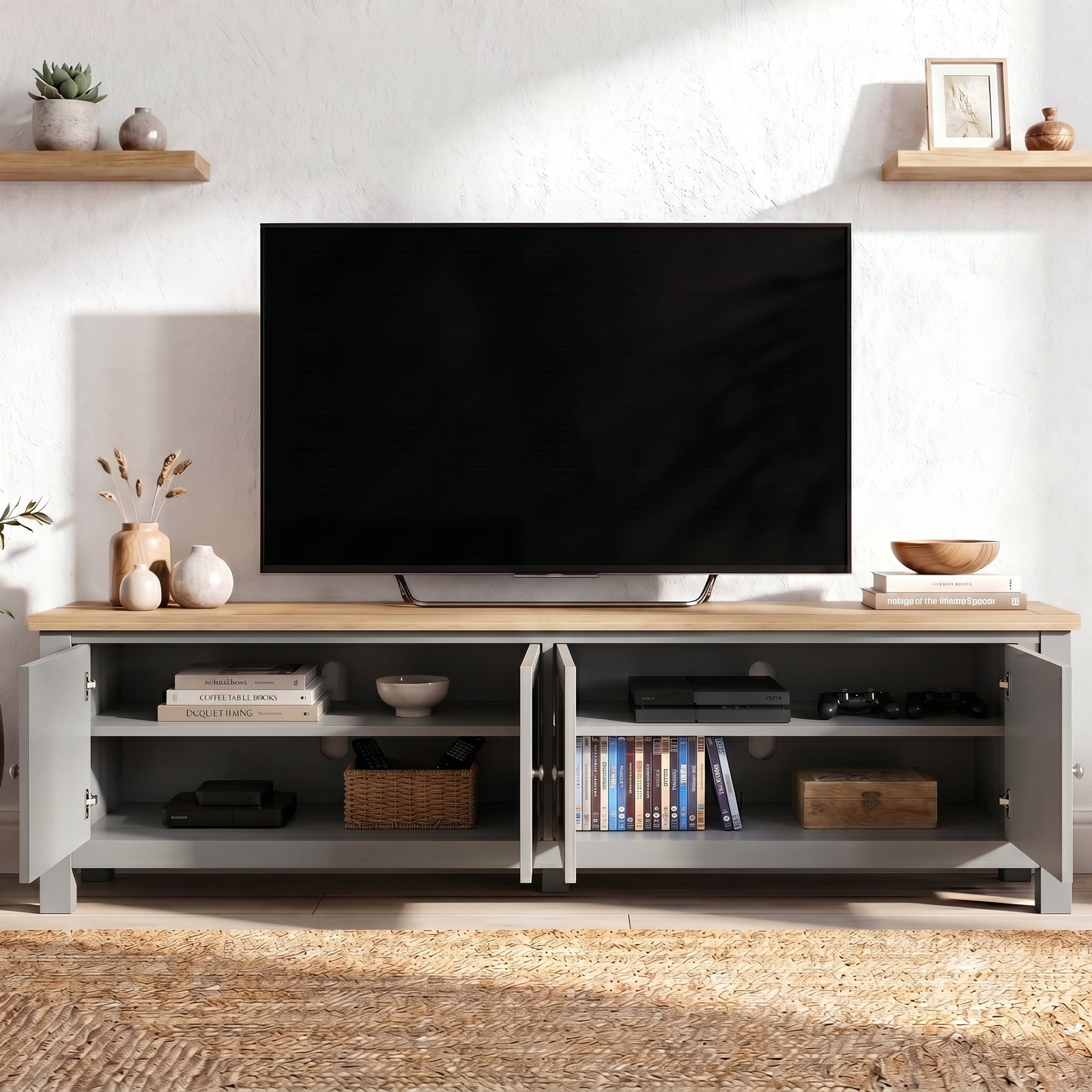 [Grey] 180cm Shaker TV Unit with Storage front view with all doors open revealing two internal shelves per side holding books, media player and gaming accessories