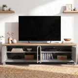 [Grey] 180cm Shaker TV Unit with Storage front view with all doors open revealing two internal shelves per side holding books, media player and gaming accessories
