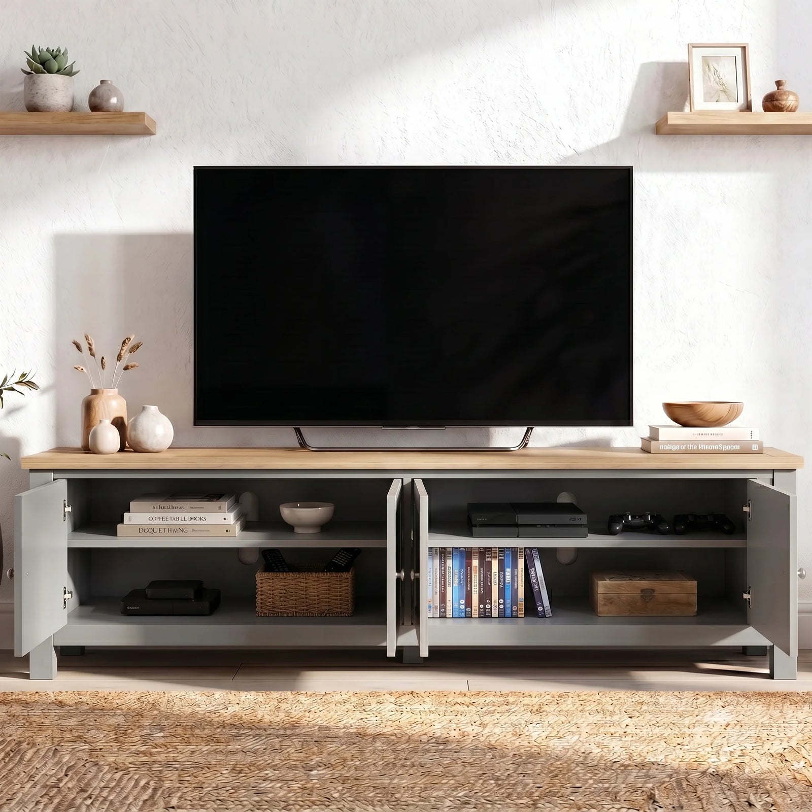 [Grey] 180cm Shaker TV Unit with Storage front view with all doors open revealing two internal shelves per side holding books, media player and gaming accessories