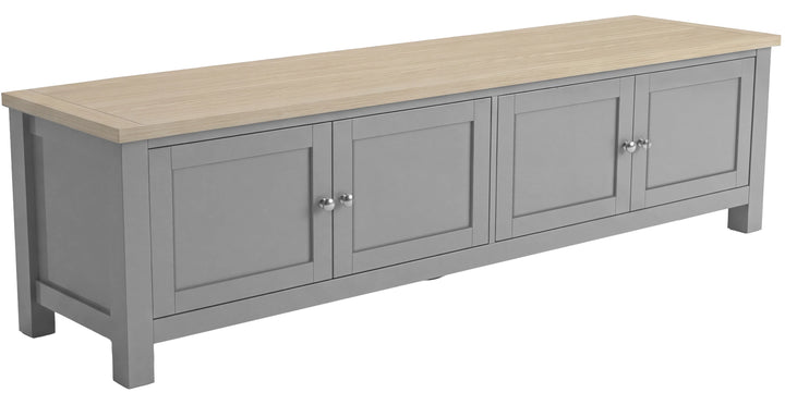 [Grey] 180cm Shaker TV Unit with Storage three-quarter product shot on white background showing four shaker doors, brushed nickel knobs and oak top surface