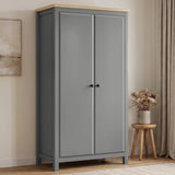 [Grey] Haven Grey 2 Door Double Wardrobe with Shelves and Hanging Rail closed angled view highlighting its wooden top.