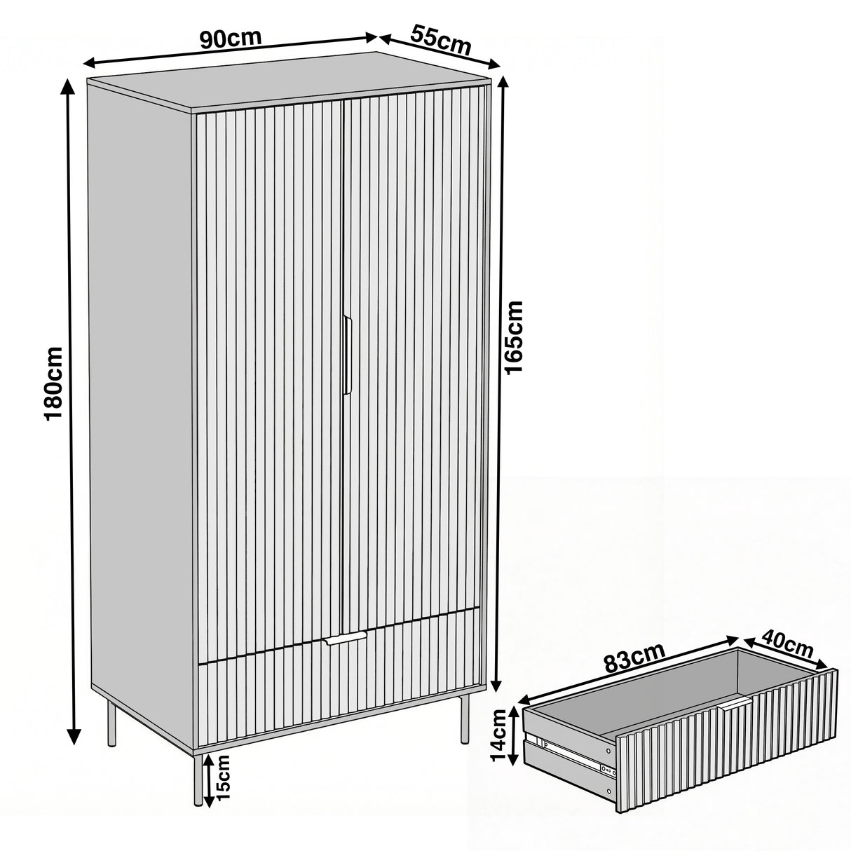Grey 2 door wardrobe measurement diagram showing height 180 cm, width 90 cm, and depth 55 cm layout