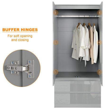 Grey 2-door wardrobe with drawers, equipped with a buffer hinge for smooth closing.