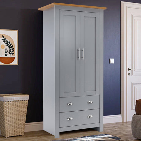 Grey 2-door wardrobe with wooden top, silver handles, and spacious bottom drawers for storage