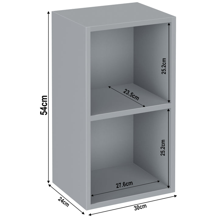 [2 Shelf | Grey] grey-toned 2-cubby sizes: 30 x 24 x 54 cm; sits by blue-grey painted wall