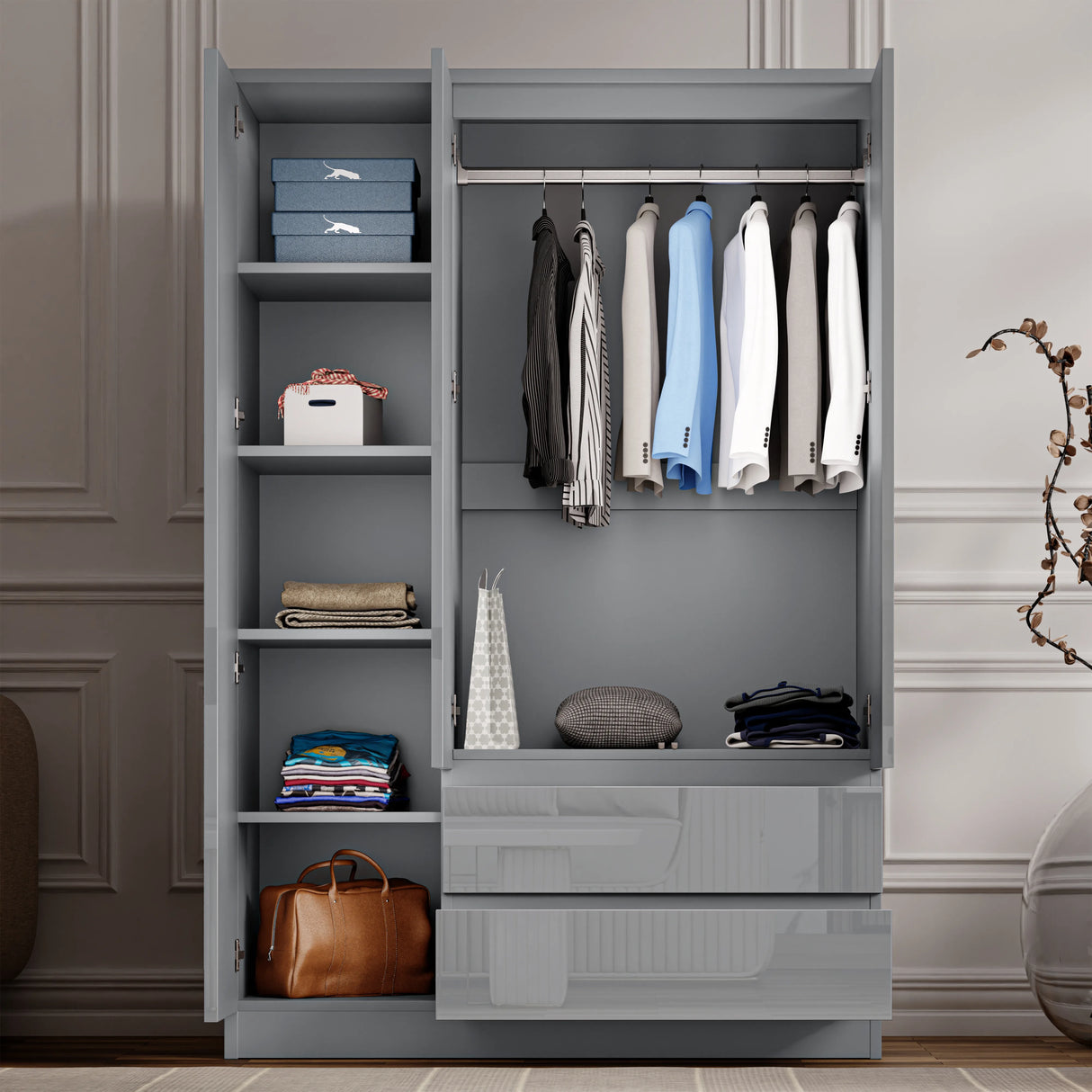 [Grey] Open 3 door wardrobe showing left shelving section with storage boxes and right hanging rail with clothes