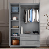 [Grey] Open 3 door wardrobe showing left shelving section with storage boxes and right hanging rail with clothes