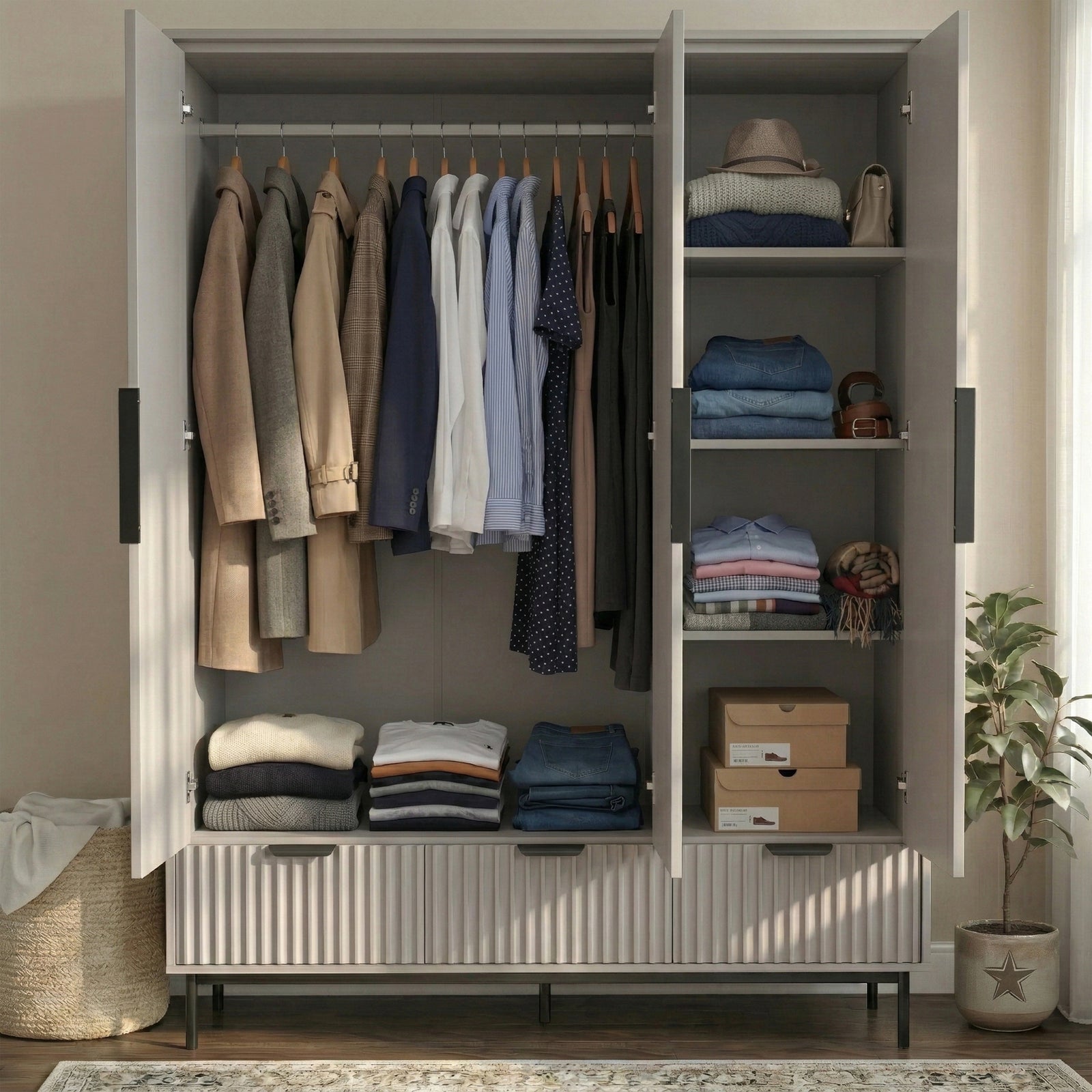 [Grey] wardrobe internal view with hanging rail, shelves, and three drawers in the lower section