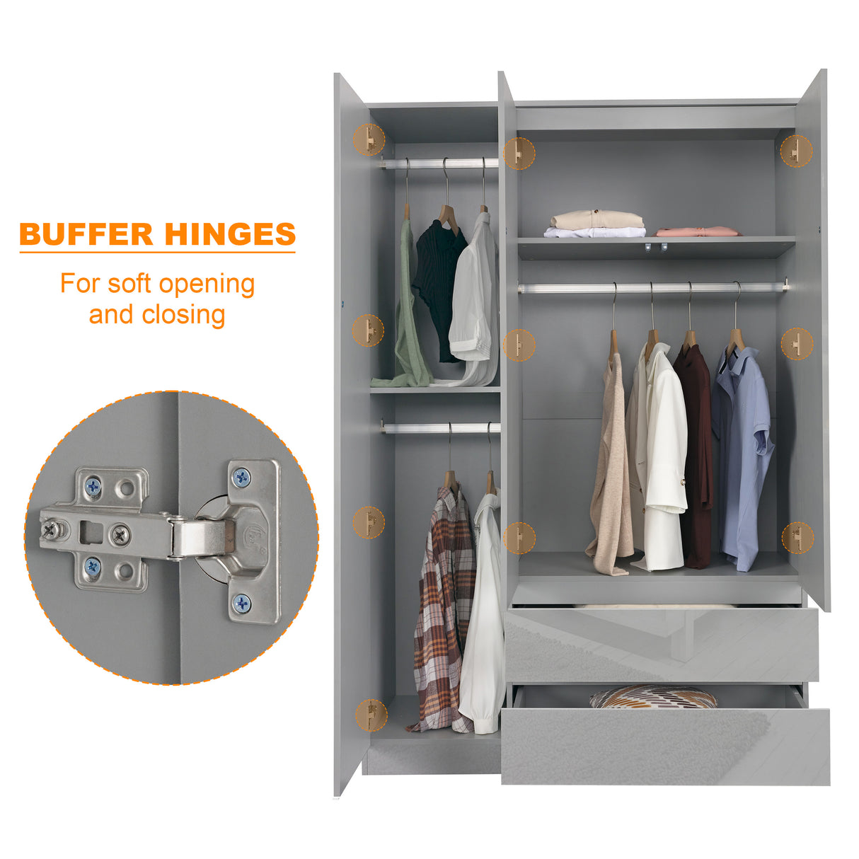 Grey 3-door wardrobe with 2 drawers, featuring buffer hinges for smooth, quiet door operation.