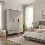 [Grey] three door wardrobe with drawers styled in modern room with neutral walls and lighting