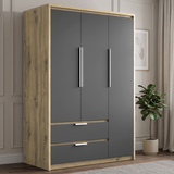 [Grey] A tall three-door wardrobe with  grey doors, silver handles, and two lower drawers with silver pulls, set in a styled room with a wood-look frame, a potted plant, and neutral paneled walls.