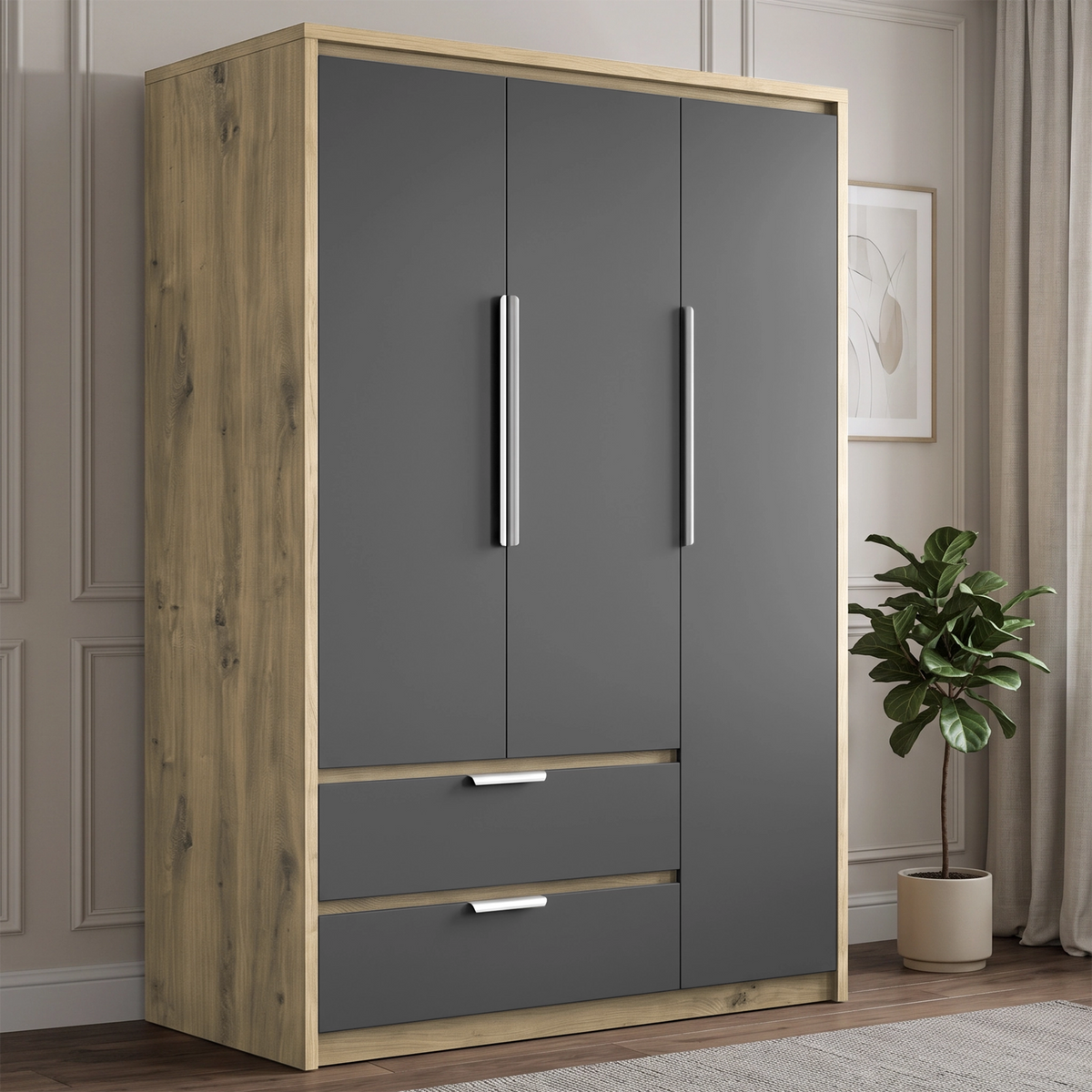 [Grey] A tall three-door wardrobe with  grey doors, silver handles, and two lower drawers with silver pulls, set in a styled room with a wood-look frame, a potted plant, and neutral paneled walls.