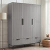 Grey three door wardrobe with drawers styled in modern room with neutral walls and decor