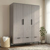 [Grey] three door wardrobe with drawers styled in modern room with neutral walls and lighting