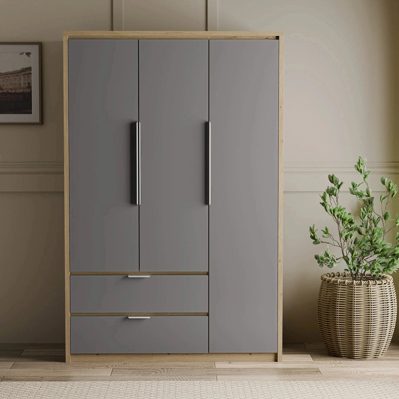 [Oak+Grey] Skova bedroom furniture set wardrobe front, oak side panels around grey doors and drawers