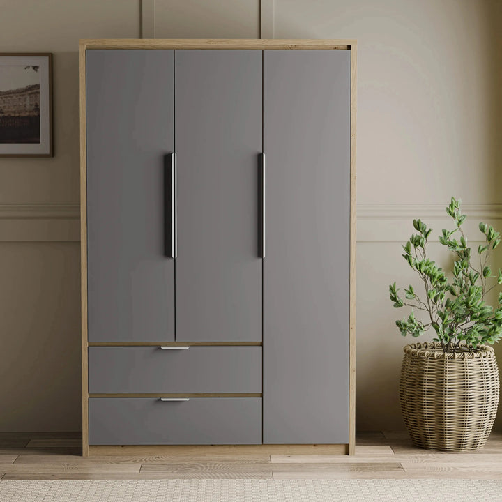 [Oak+Grey] Skova bedroom furniture set wardrobe front, oak side panels around grey doors and drawers