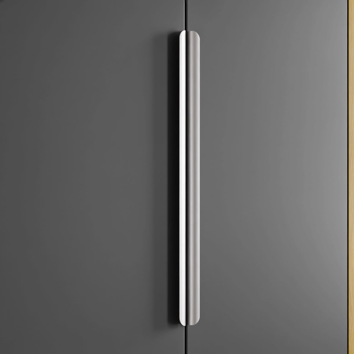 [Grey] A modern, slim vertical handle of grey wardrobe in brushed silver metal.