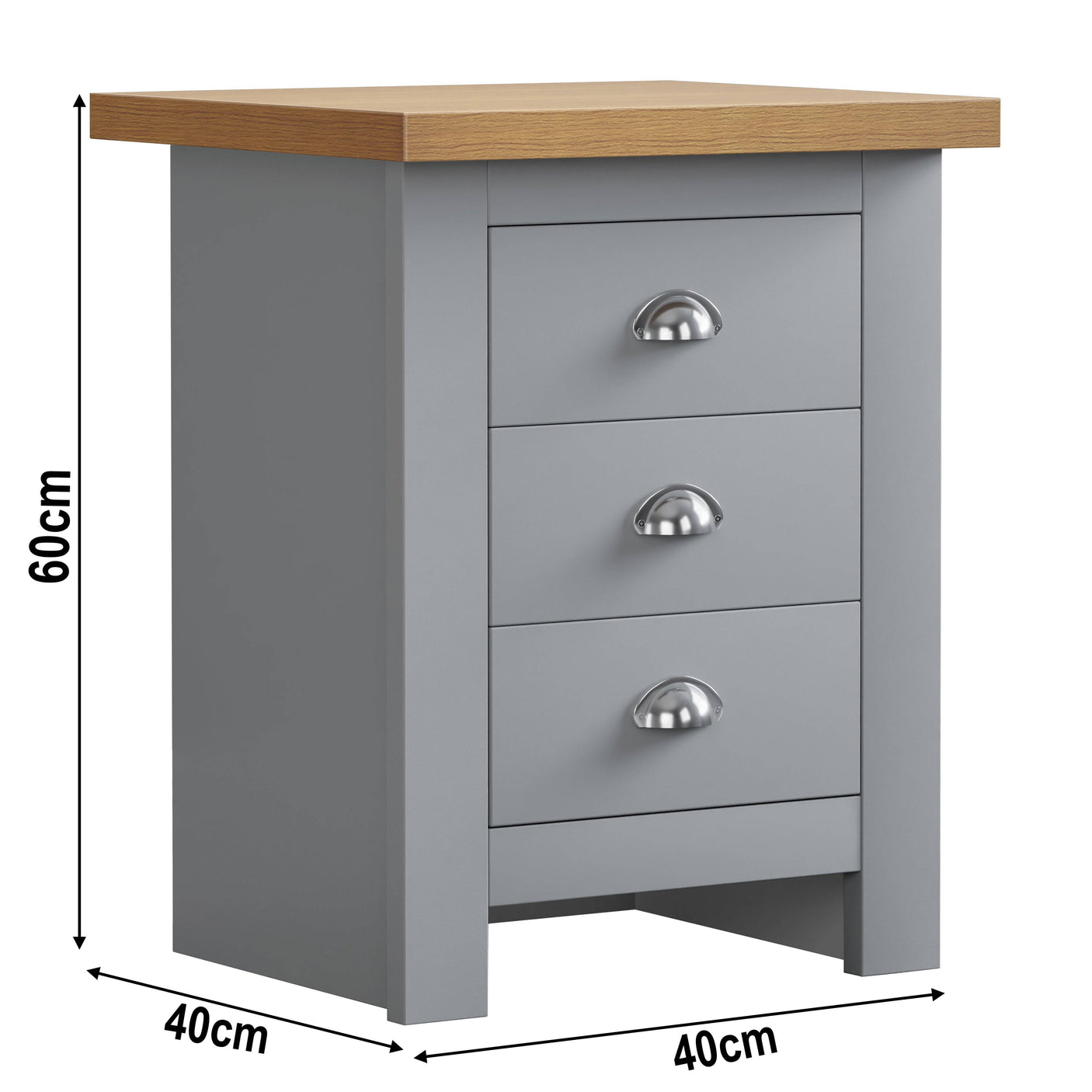 Grey 3 drawer bedside table, 60cm x 40cm x 40cm, offering ample storage and modern style.
