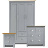 Grey 3-piece bedroom furniture set with wardrobe and chest of drawers, oak tops, and silver handles.