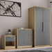 Skova 3 Piece Bedroom Furniture Set with grey 2-door wardrobe, 3-drawer chest, and bedside table in oak finish. Modern bedroom set for UK homes.