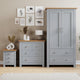 Grey 3 piece bedroom furniture set with a chest of drawers, bedside table, and wardrobe.