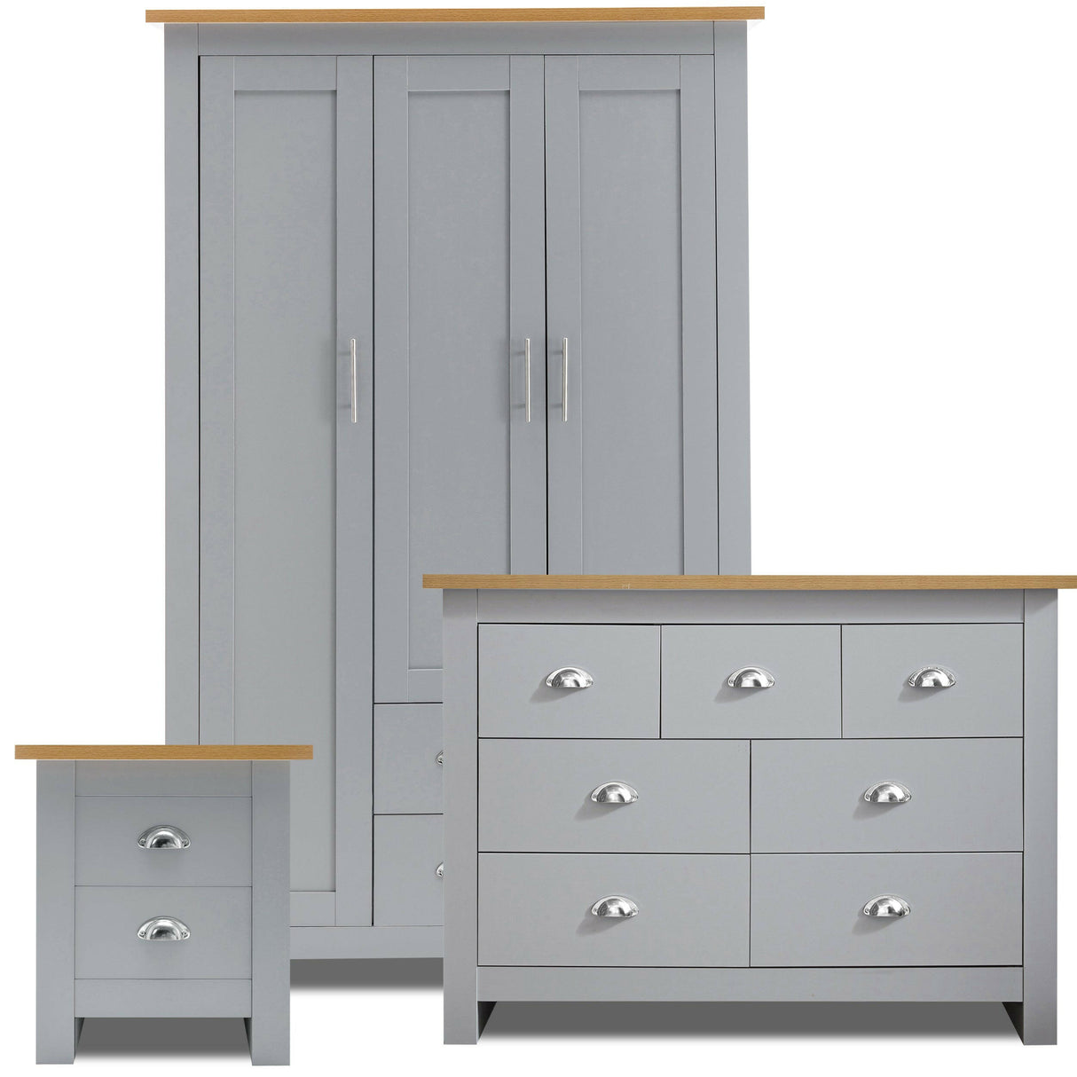 Modern grey 3-piece bedroom furniture set including a 3-door wardrobe,6 drawer chest & nightstand. 