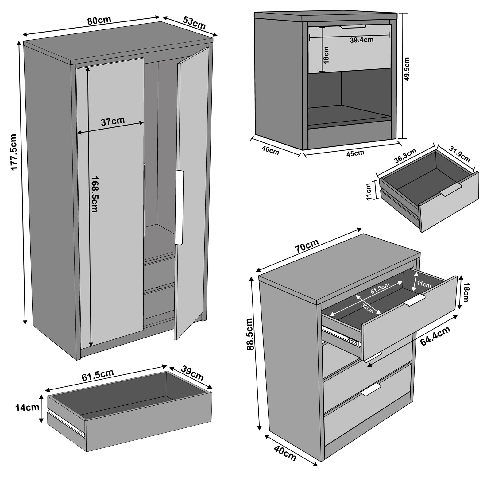[Oak+Grey] Skova 3 Piece Bedroom Set with wardrobe, chest of drawers, and bedside table in grey finish, featuring detailed dimensions for each furniture piece.