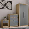 Skova 3 Piece Bedroom Set with grey 2-door wardrobe, 3-drawer chest, and 1-drawer bedside table in oak finish. Ideal for modern UK bedrooms.