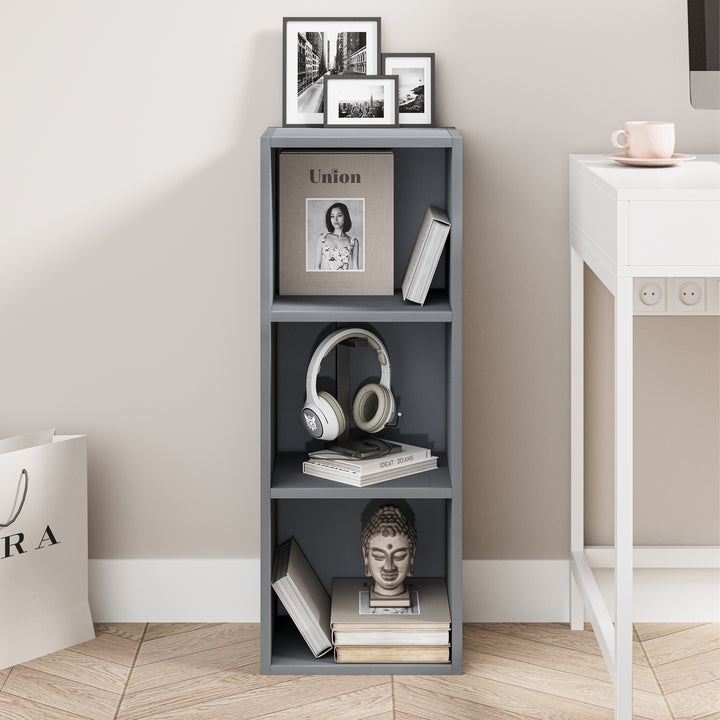 [3 Shelf | Grey] straight face of grey panel desk-height cube bookcase over pale concrete floor
