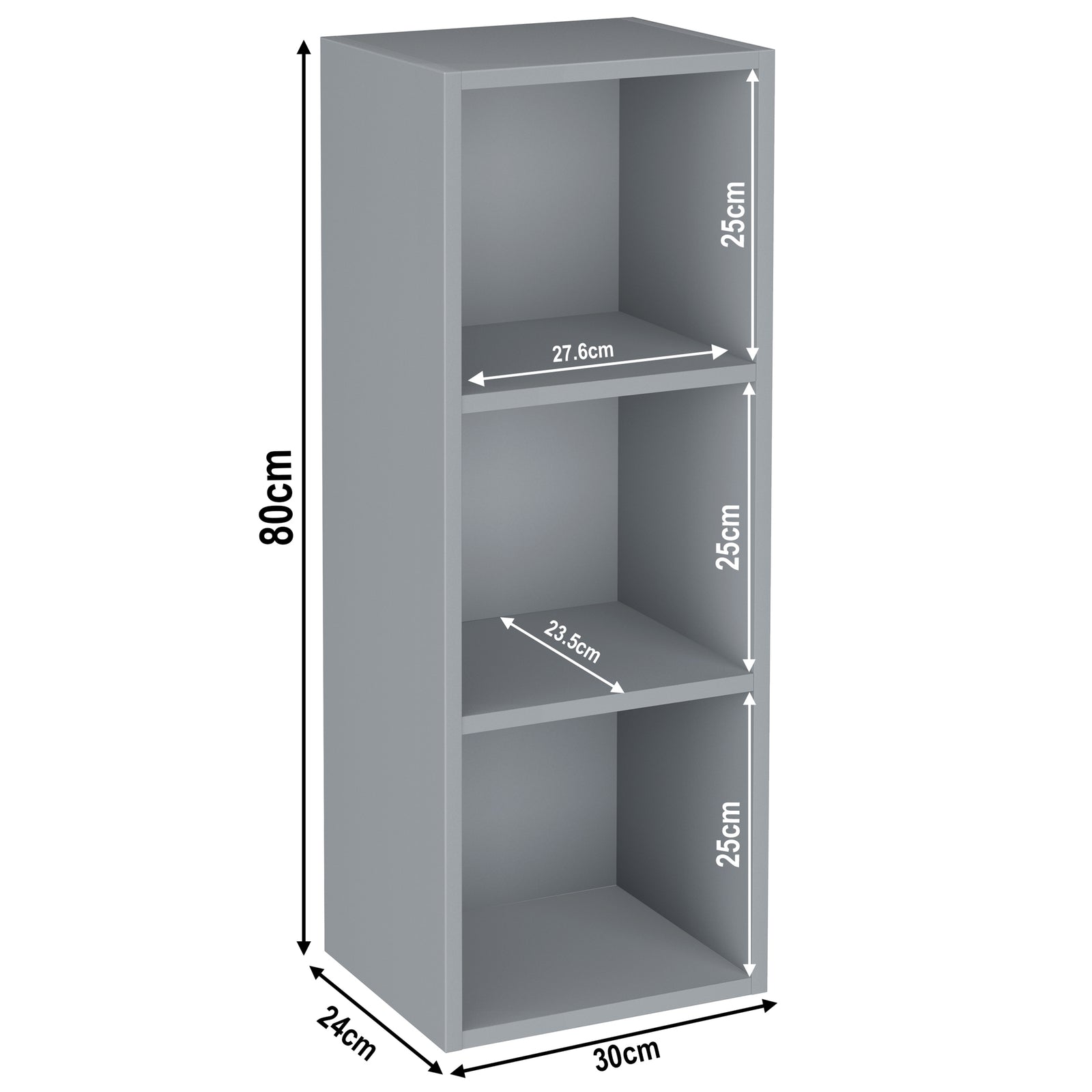 [3 Shelf | Grey] diagram of grey-grain 3-shelf bookcase, 30W x 24D x 80H cm; for soft Scandi room