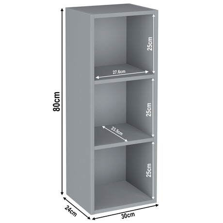 measurement of 3 tier grey slimline bookcases, height 80cm and width 30cm. Shelf dimensions: height 25cm and depth 23.5cm