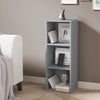 [3 Shelf | Grey] angled front view of 3 tier grey narrow shelving unit holding books and decor, ideal for tight spaces