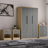 Skova 4 Piece Bedroom Furniture Set with 3-door wardrobe, chest of drawers, and 2 bedside tables in grey and oak finish. Modern UK bedroom set.