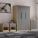Skova 4 Piece Bedroom Furniture Set with 3-door wardrobe, chest of drawers, and 2 bedside tables in grey and oak finish. Modern UK bedroom set.