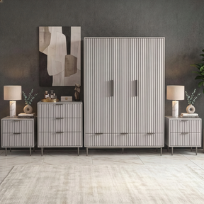 [Grey] four piece bedroom furniture set with a wardrobe, chest of drawers, and two bedside cabinets