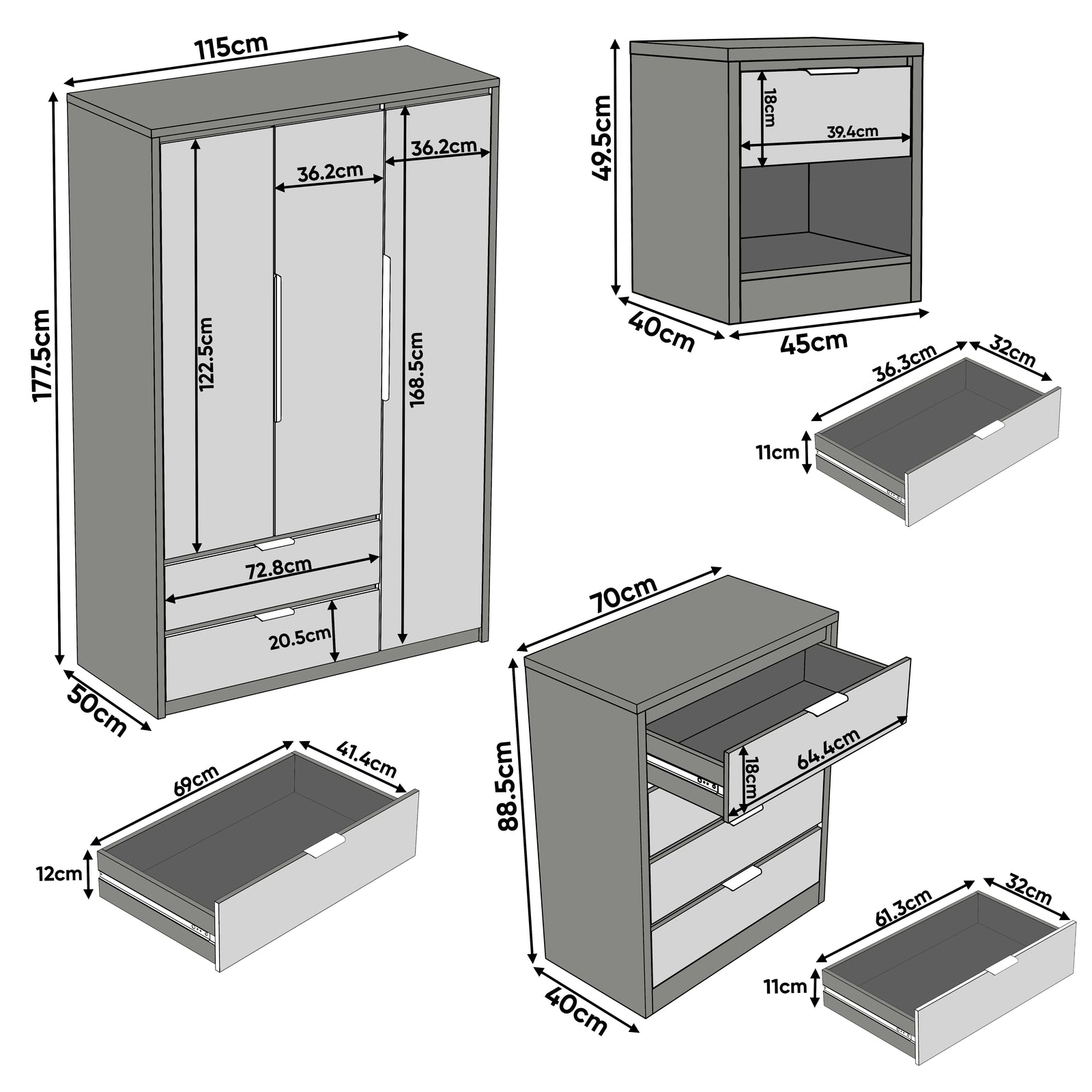 [Oak+Grey] Skova 4 Piece Bedroom Set with wardrobe, chest of drawers and bedside tables in grey finish, shown with detailed dimensions for each unit.