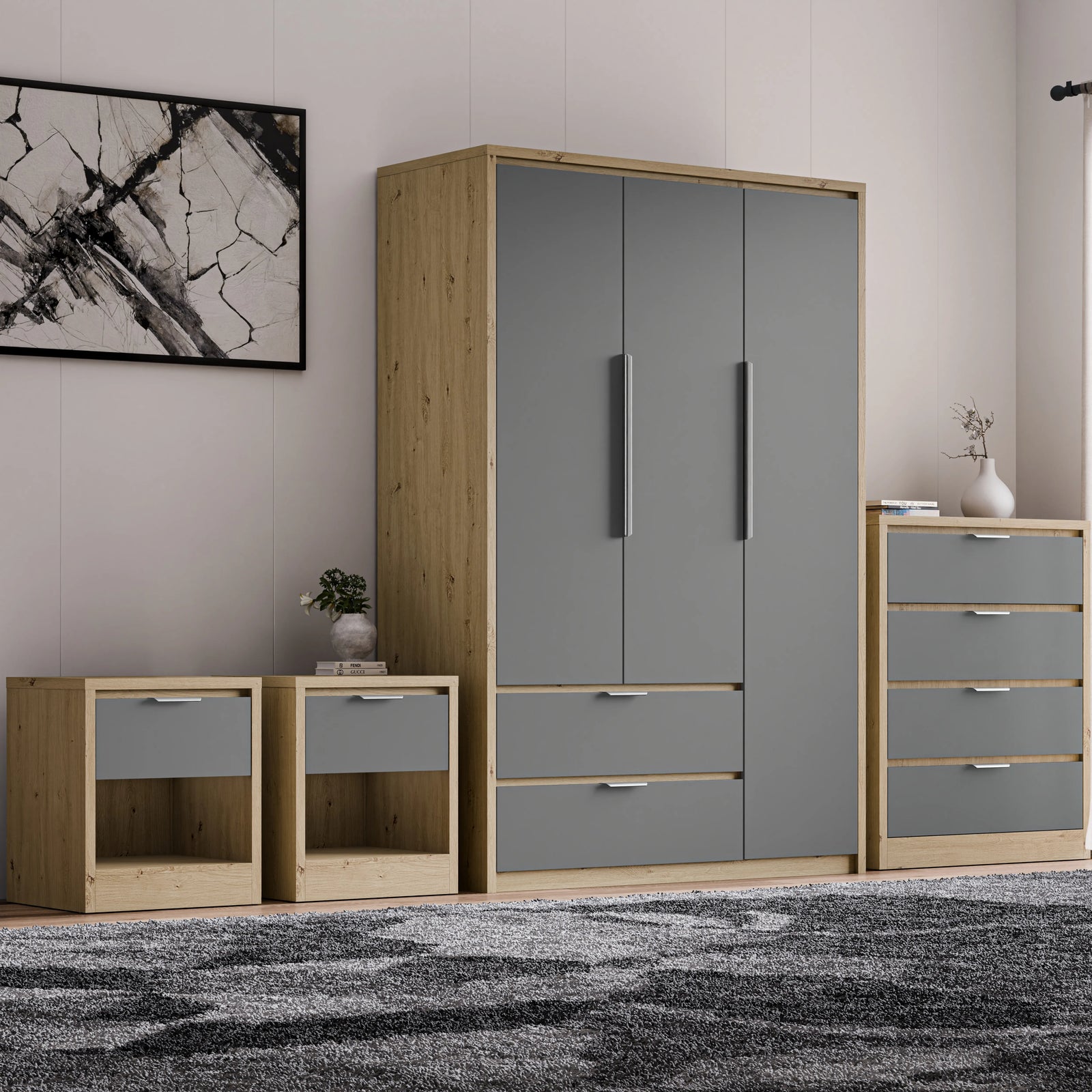 [Oak+Grey] Skova 4 Piece Bedroom Set with grey wardrobe, chest of drawers, and two bedside tables in oak finish