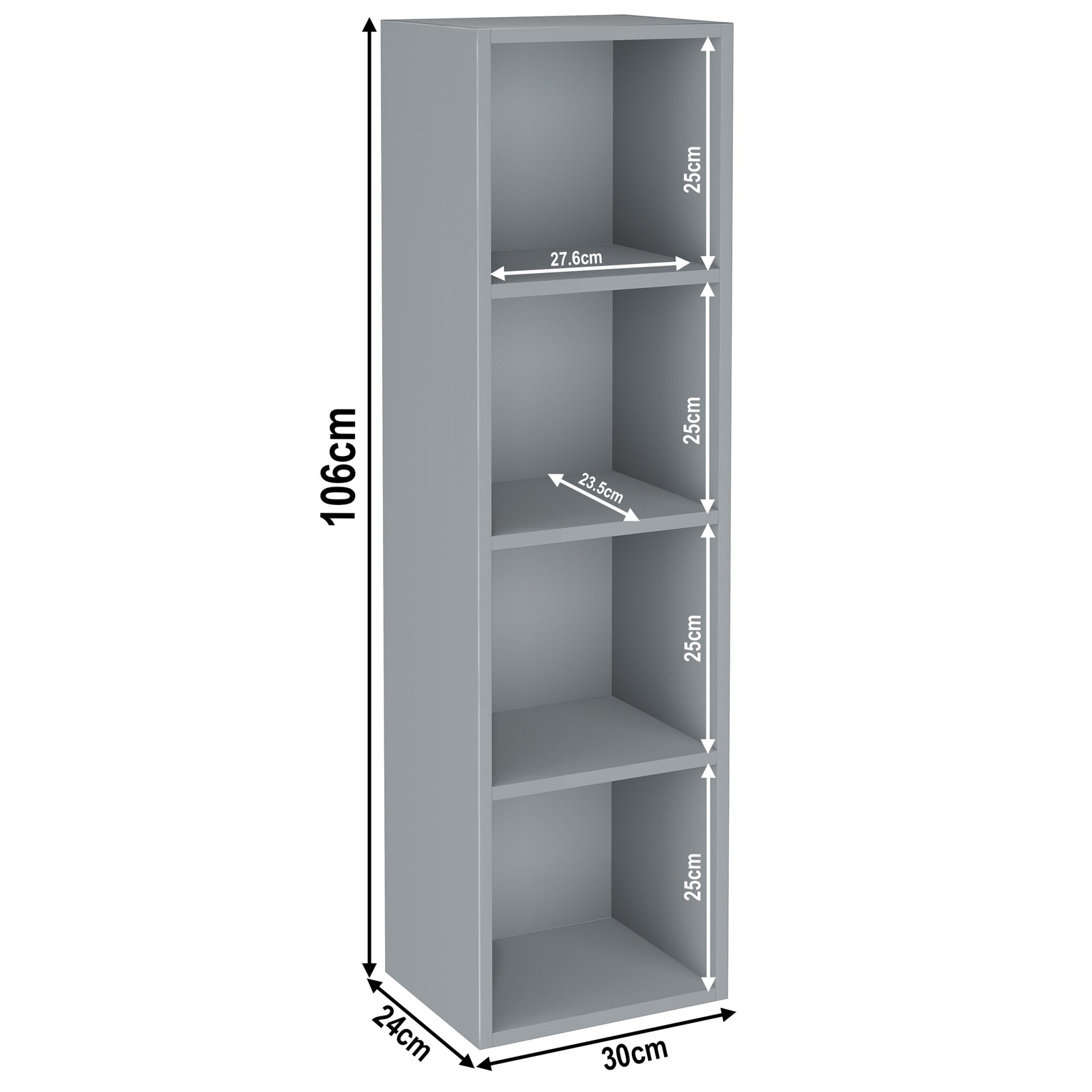 [4 Shelf | Grey] grey-toned 4-cubby sizes: 30 x 24 x 106 cm; sits by blue-grey painted wall