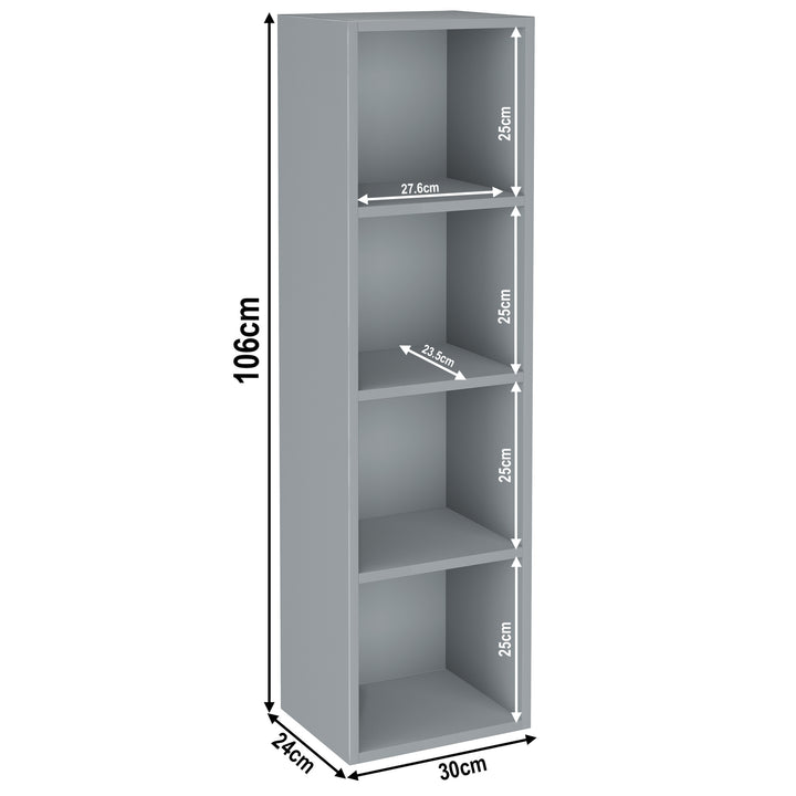 [4 Shelf | Grey] grey-toned 4-cubby sizes: 30 x 24 x 106 cm; sits by blue-grey painted wall