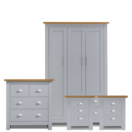 Grey 4 piece bedroom furniture set with oak tops and chrome handles. perfect for a bedroom.