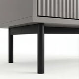 Grey 5 drawer chest, lower section showing silver metal legs and corner frame construction